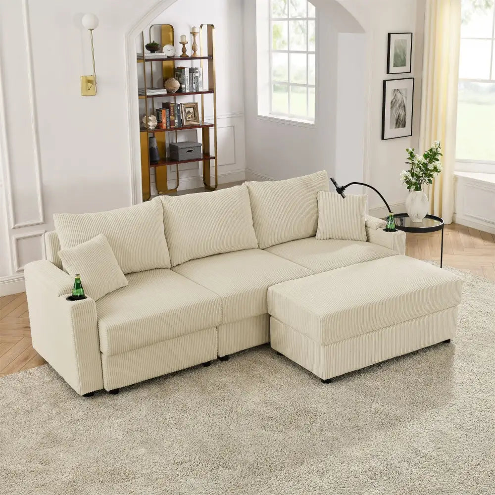 Modern beige modular corduroy sectional sofa with deep seats, package size four