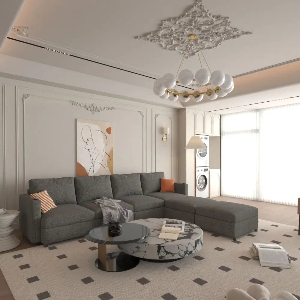 Elegant living room interior featuring Modern Grey U Shape Sectional Sofa with storage space
