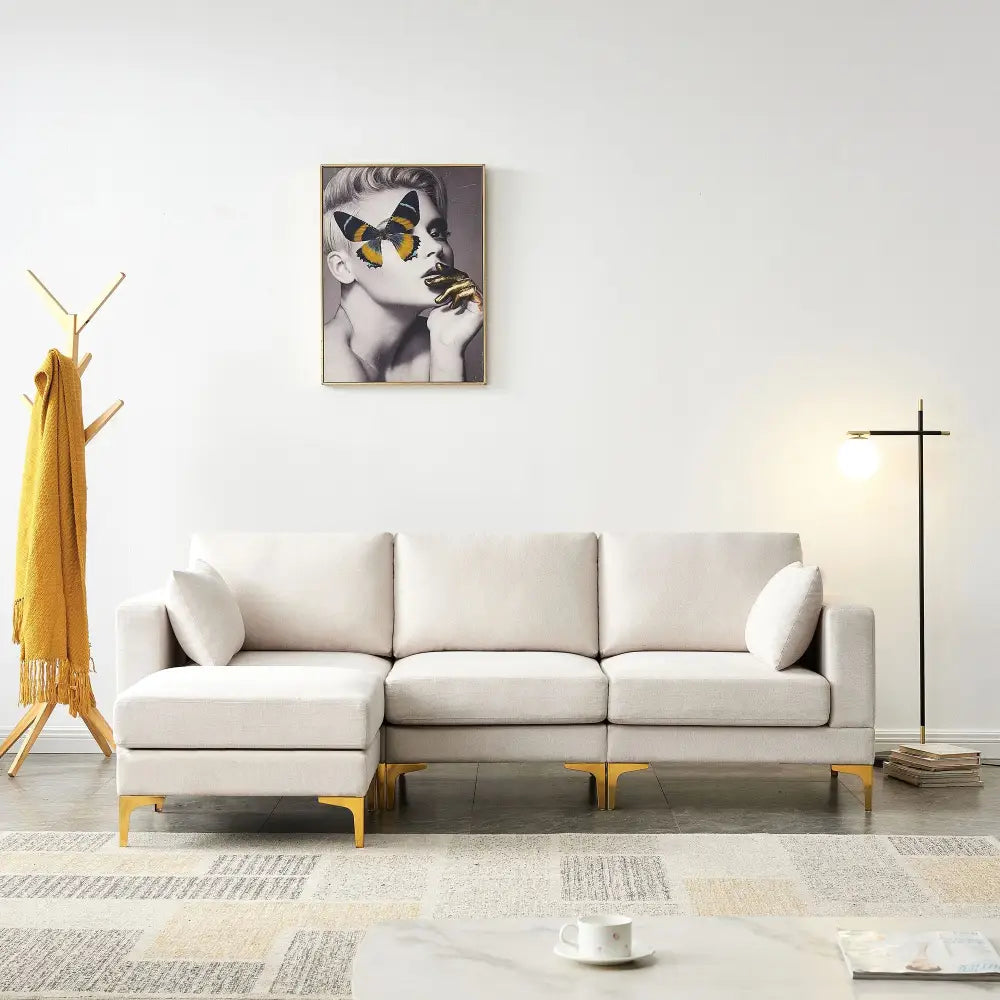 Beige sectional sofa with gold legs from Modern L Shape Sectional Couch with High Density Sponge