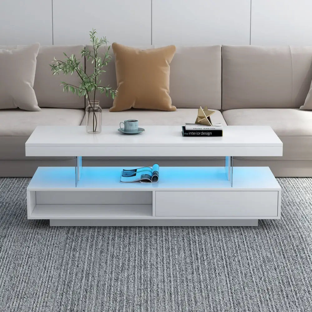 White two-tiered LED coffee table for modern living room furniture display