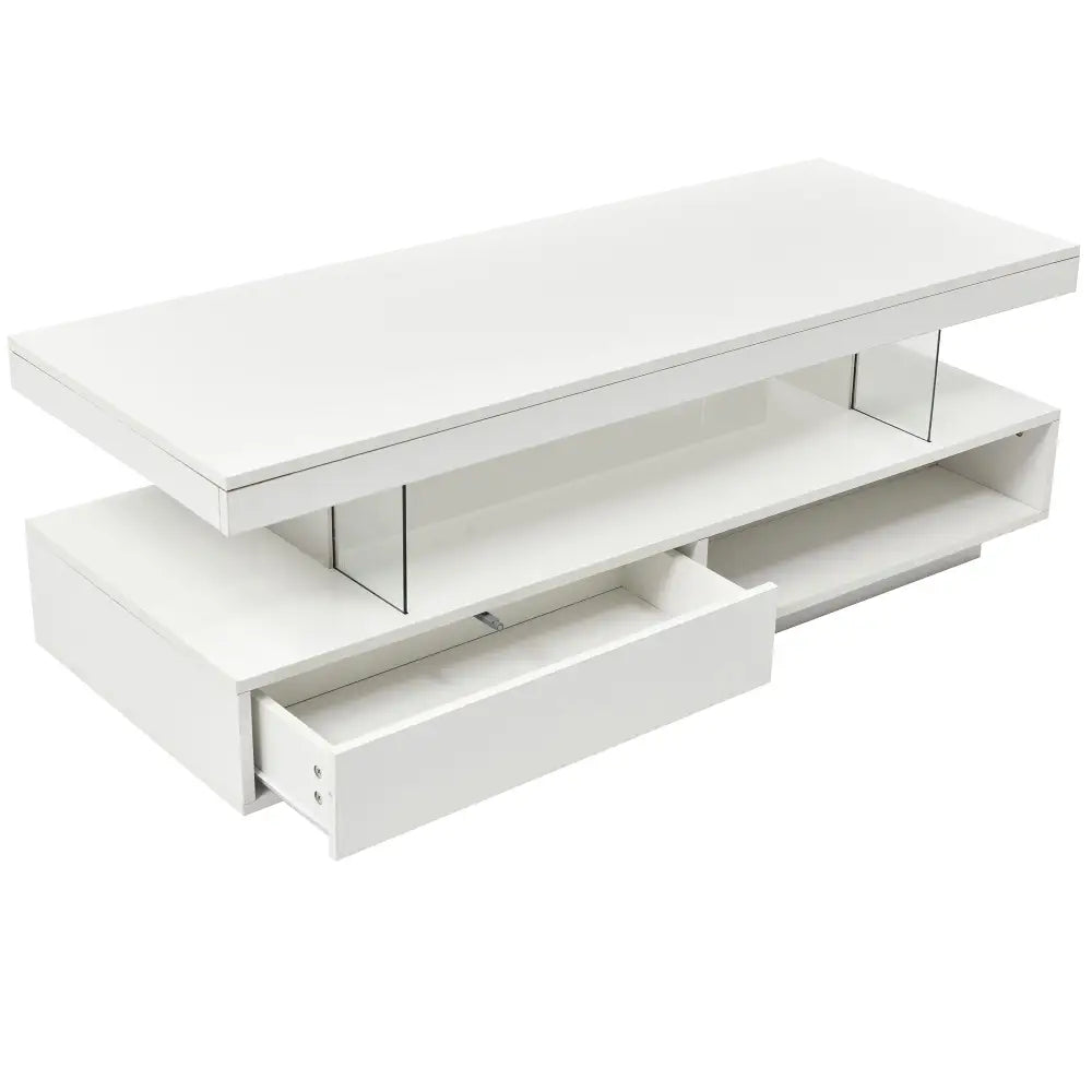 White rectangular LED coffee table with drawer for modern living room furniture