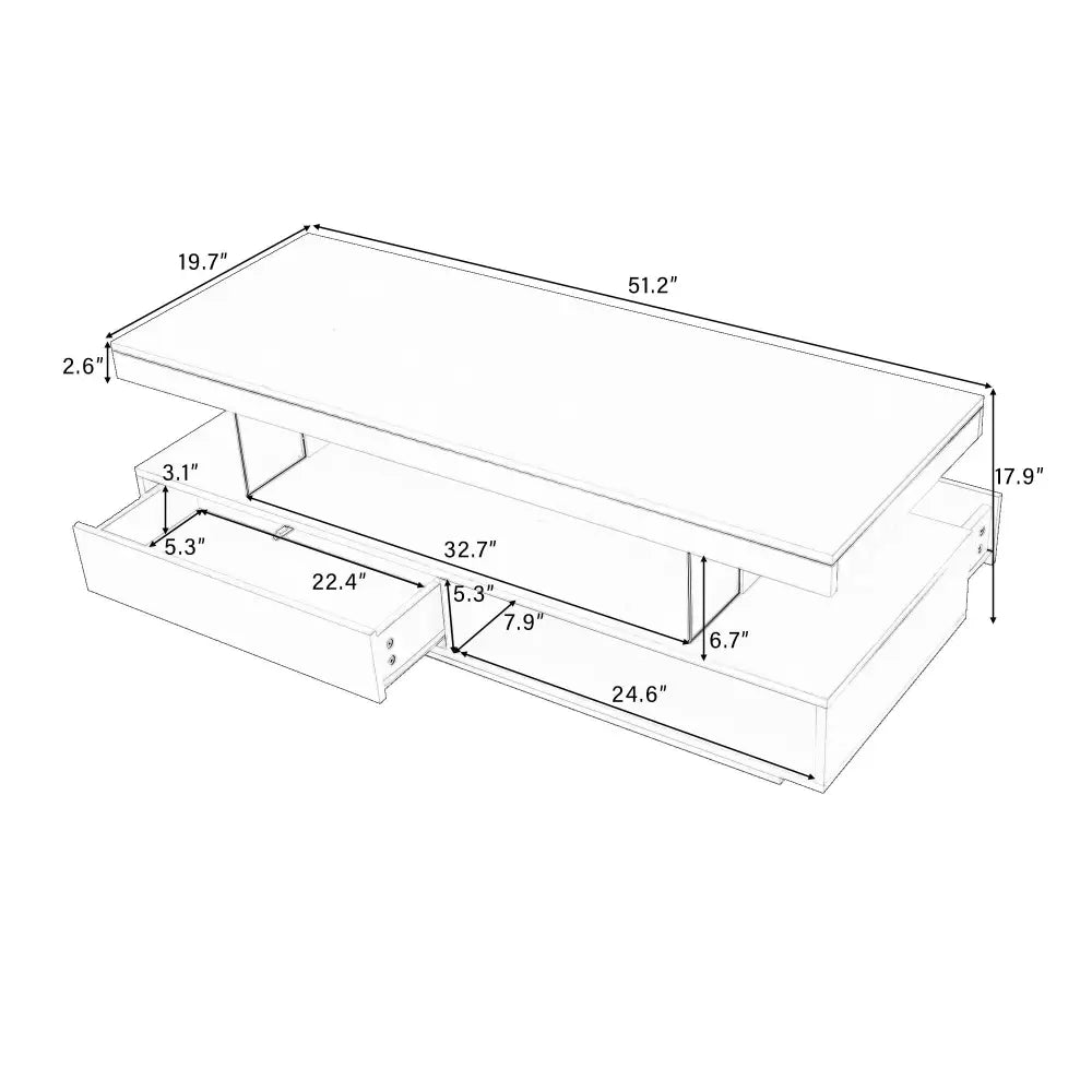 Modern LED coffee table with drawer for living room, rectangular design and dimensions