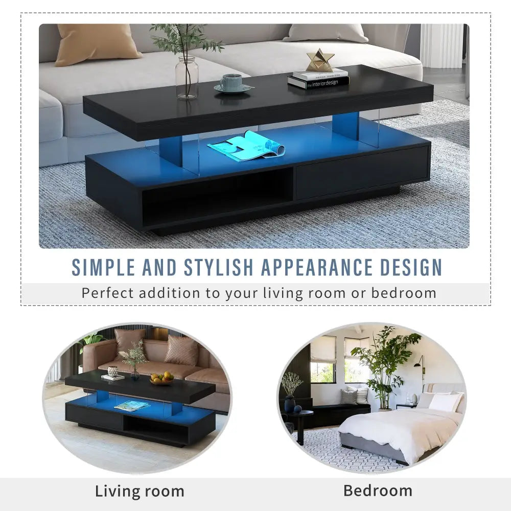 Modern LED coffee table for living room featuring black finish and blue LED lighting