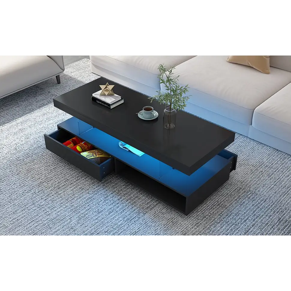 Black rectangular LED coffee table with drawers for modern living room decor