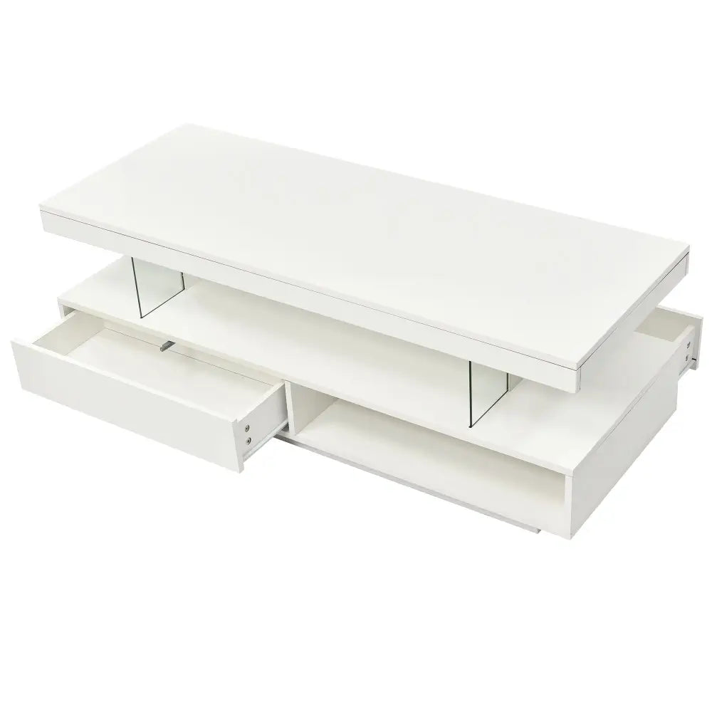 White tiered coffee table with drawer, modern LED coffee table for living room decor