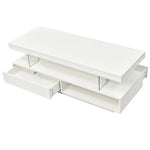 White tiered coffee table with drawer, modern LED coffee table for living room decor
