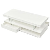 White tiered coffee table with drawer, modern LED coffee table for living room decor