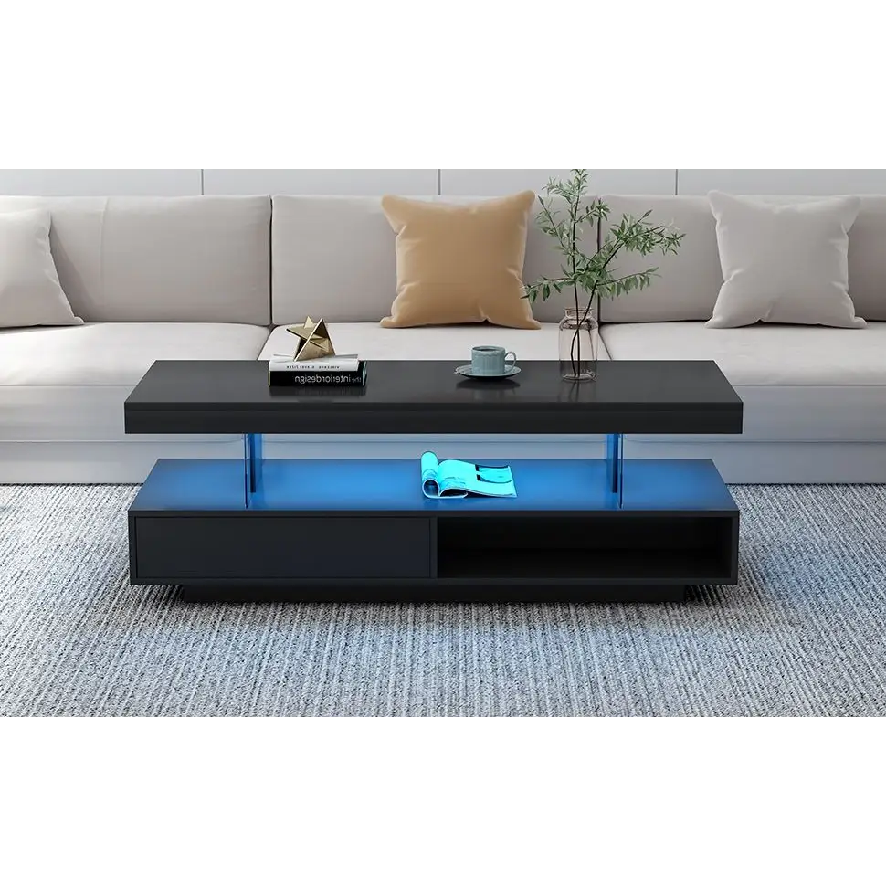 Modern LED Coffee Table for Living Room with Black Finish and Blue LED Lighting