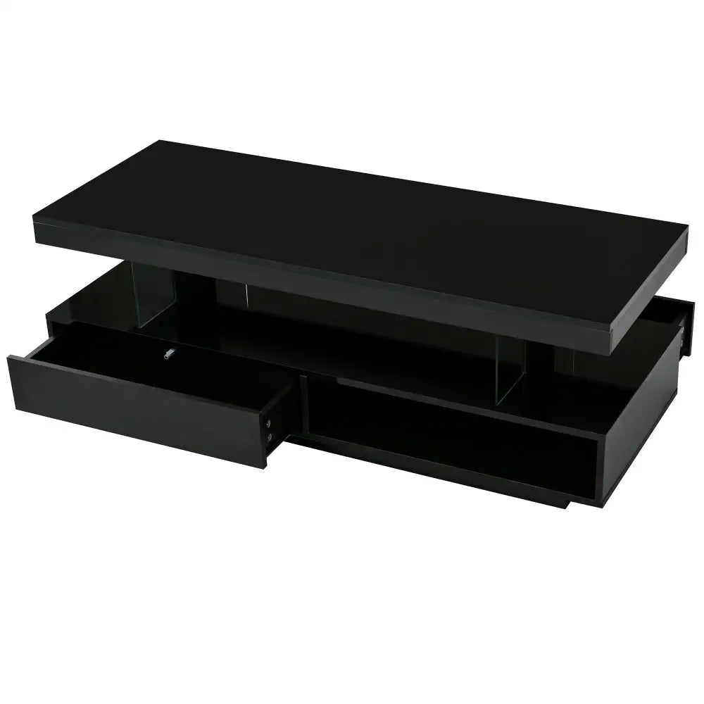Black two-tiered LED coffee table with drawer for modern living room decor
