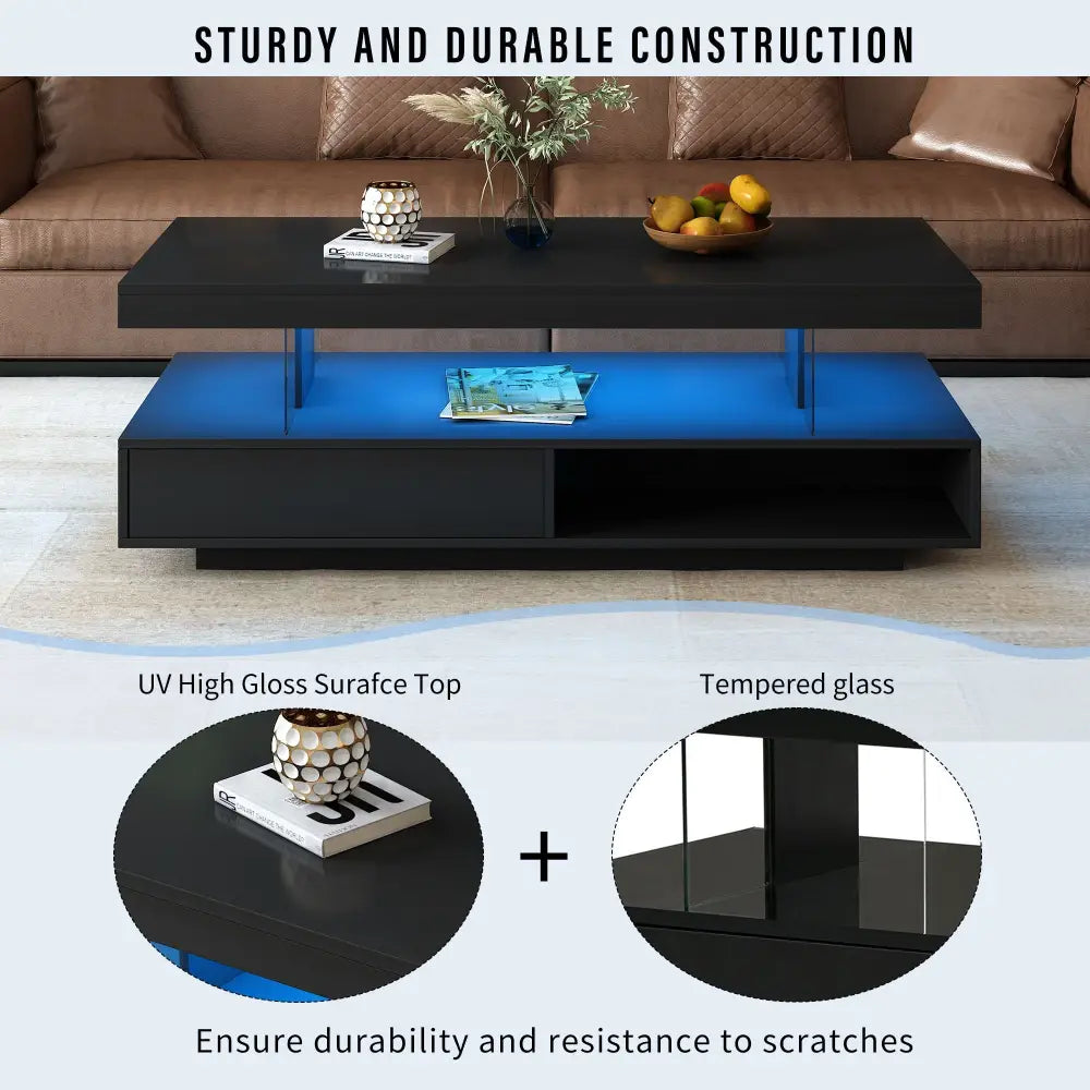 Black two-tiered LED coffee table for modern living room furniture