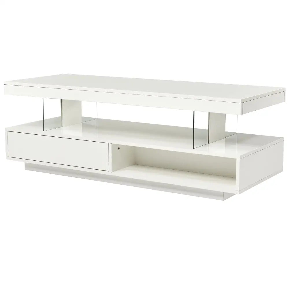 White glossy LED coffee table with drawer and shelf for modern living room decor