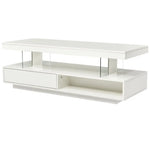 White glossy LED coffee table with drawer and shelf for modern living room decor