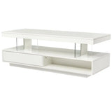 White glossy LED coffee table with drawer and shelf for modern living room decor