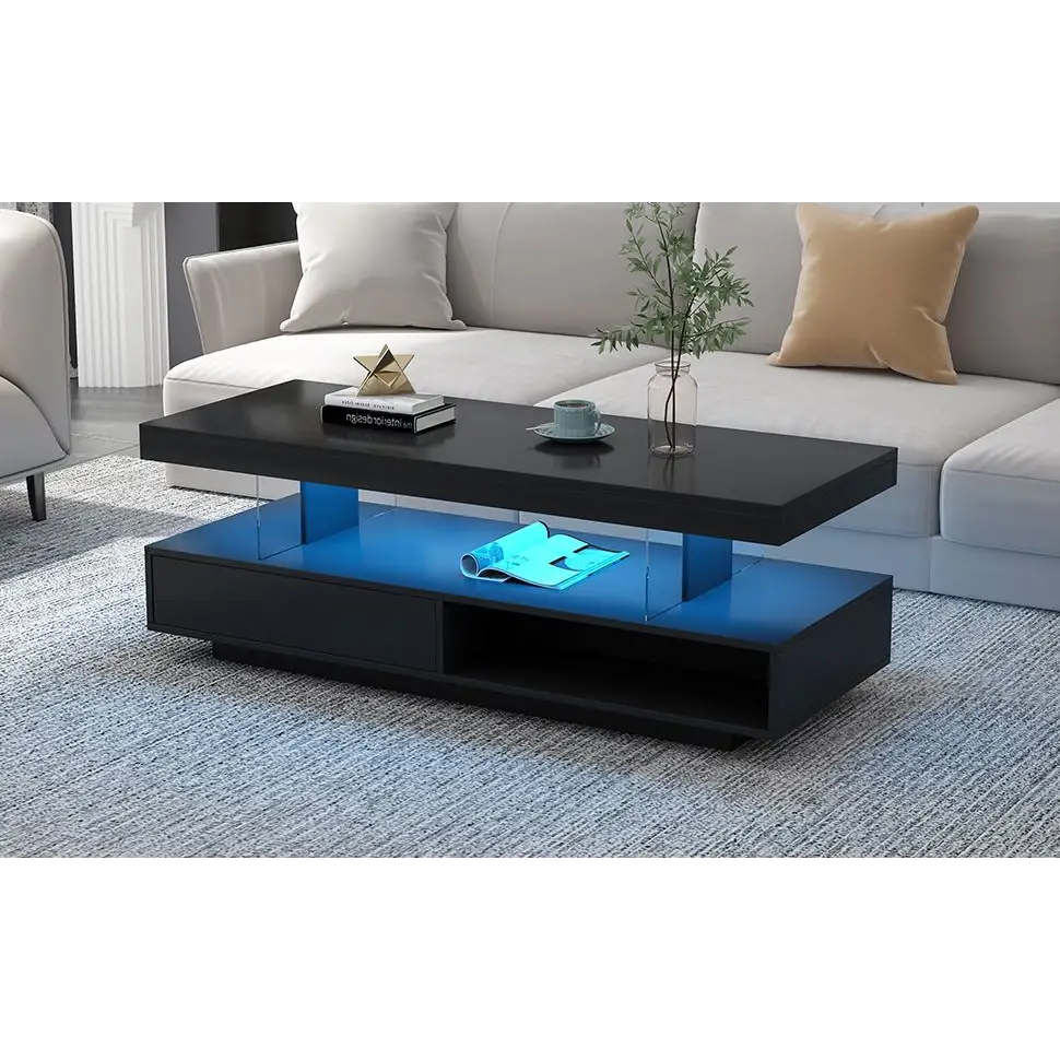 Modern LED Coffee Table Living Room Furniture showcasing a black coffee table with blue LED lighting