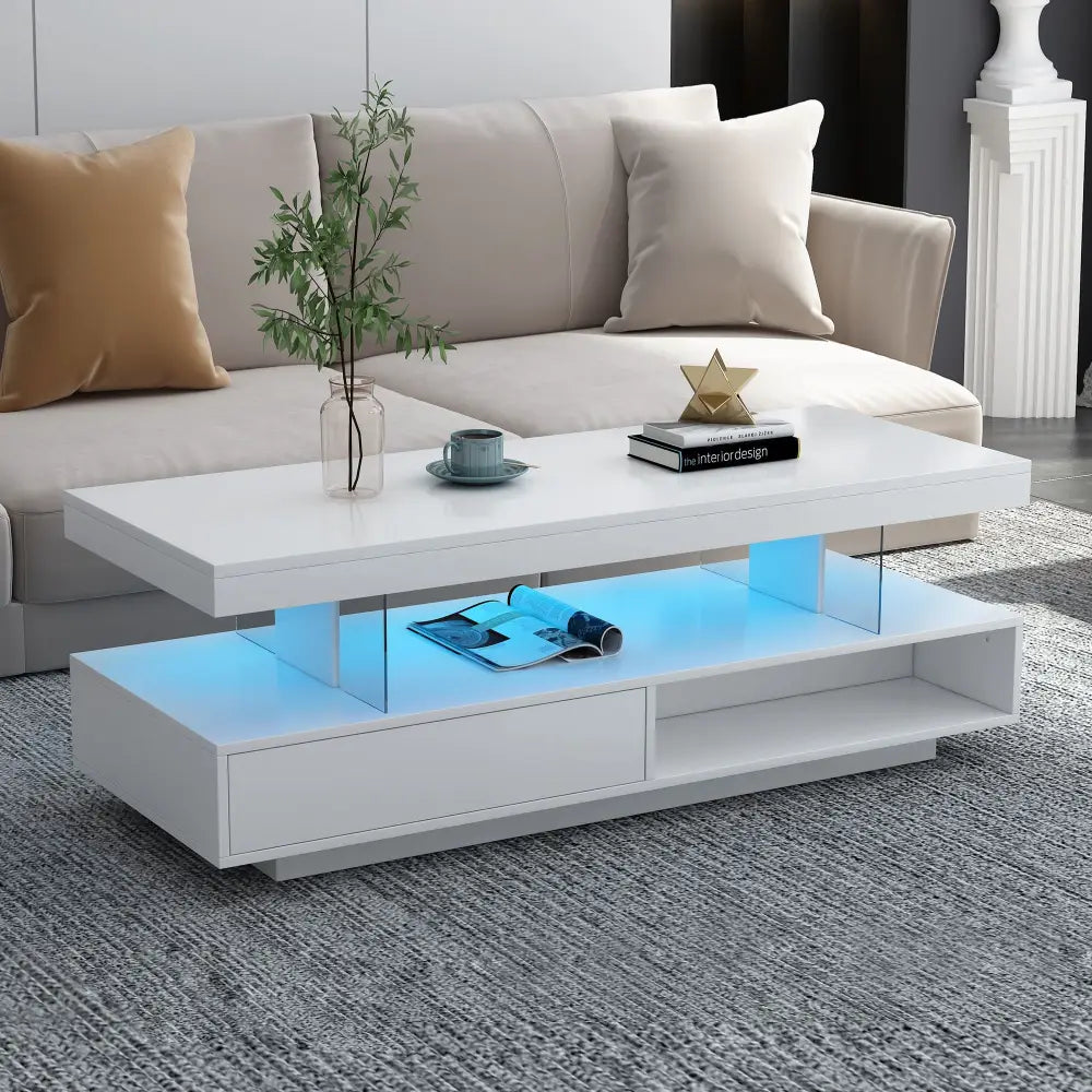 White two-tiered LED coffee table for modern living rooms with blue lighting