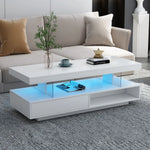 White two-tiered LED coffee table for modern living rooms with blue lighting
