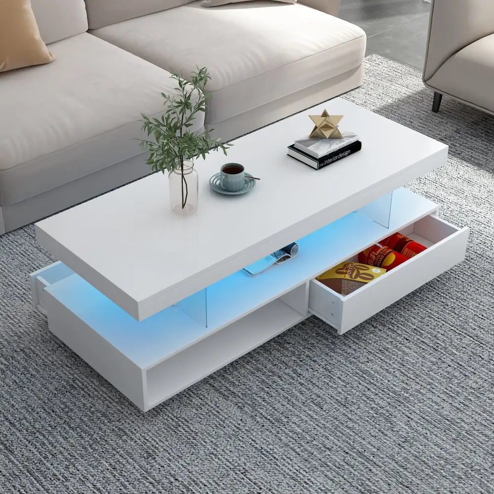 White modern LED coffee table for living room decor and stylish design