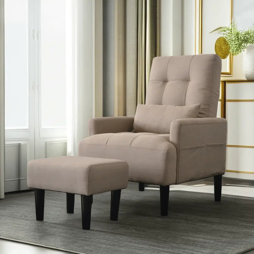 Beige upholstered living room single chair with matching ottoman for modern decor