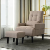 Beige upholstered living room single chair with matching ottoman for modern decor