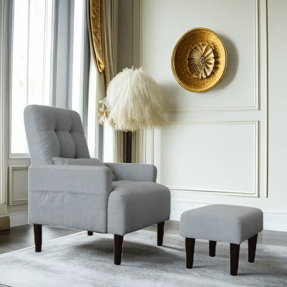Gray upholstered living room single chair with ottoman for modern interiors