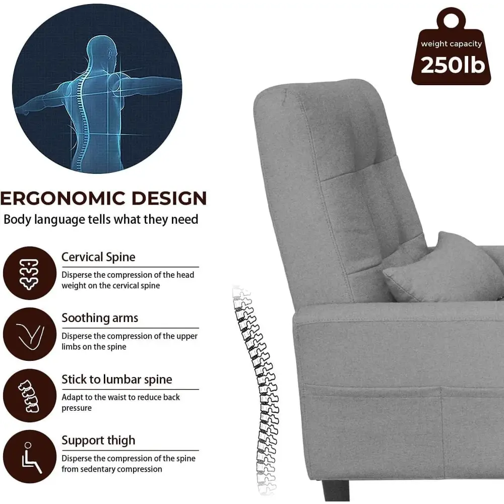 Ergonomic gray futon with spine support features in Modern Living Room Single Chair with Ottoman
