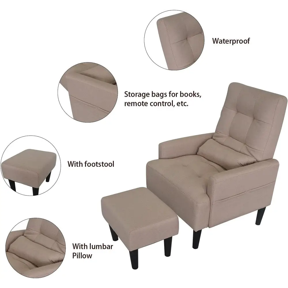 Beige living room single chair with footstool for modern home comfort