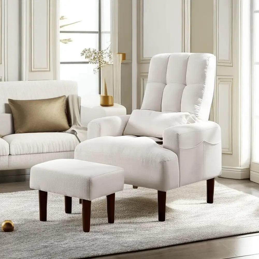 White upholstered recliner and ottoman for modern living room single chair setup