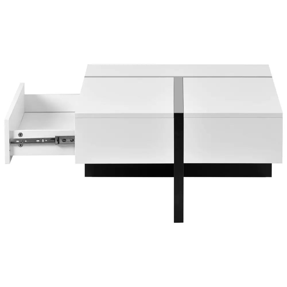 Modern rectangle coffee table with open drawer in white and black material particle board