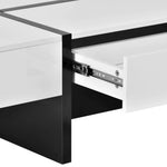 Modern rectangle coffee table with a white and black drawer unit made of particle board material