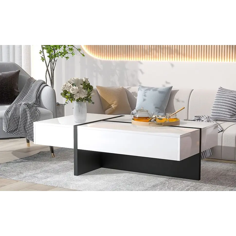 White and black coffee table made of material particle board for modern interior decor