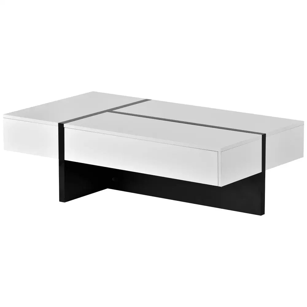 Modern rectangle coffee table with white surface and black particle board base