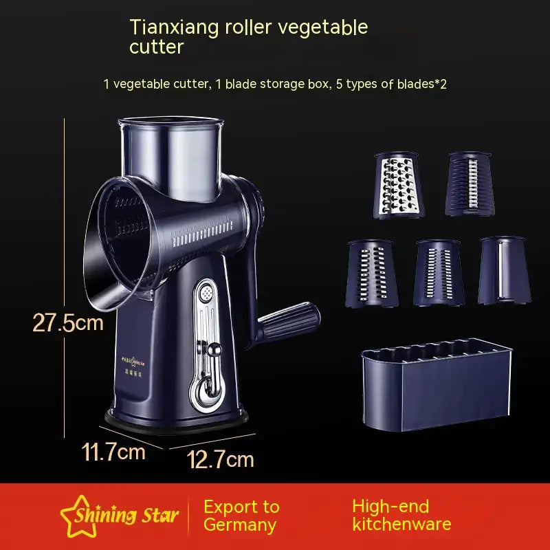 Dark blue vegetable chopper with blade attachments for versatile slicing and dicing
