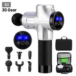 Silver and black Muscle Relaxation Massage Gun with attachments and carrying case