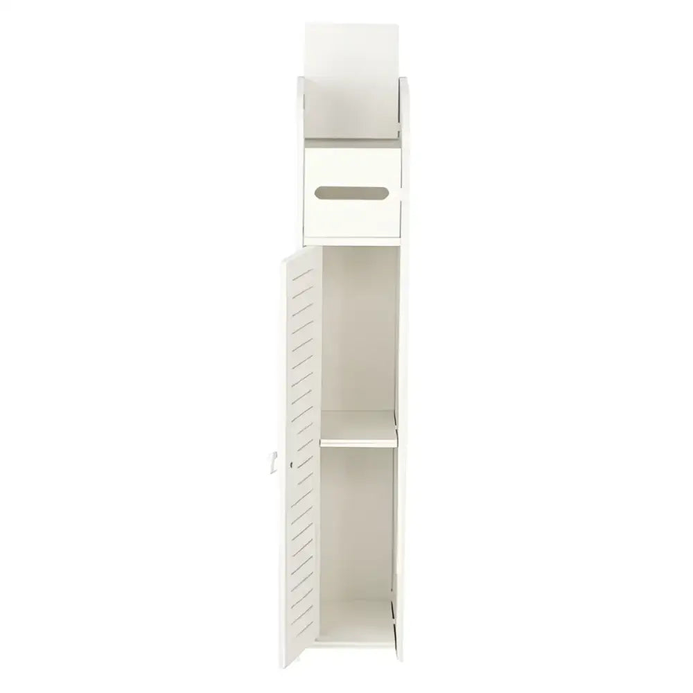 White bathroom storage cabinet ideal for narrow paper towel storage and towel organization
