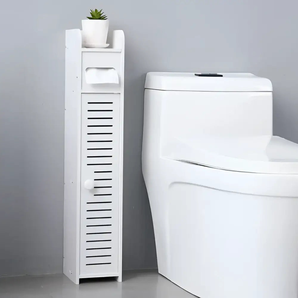 White bathroom storage cabinet with narrow paper towel storage for organized towel storage