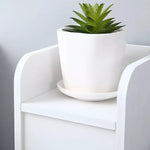 Green succulent in white pot showcasing towel storage in the Narrow Paper Towel Storage Cabinet