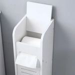 White wooden toilet paper holder on Narrow Paper Towel Storage Cabinet for towel storage