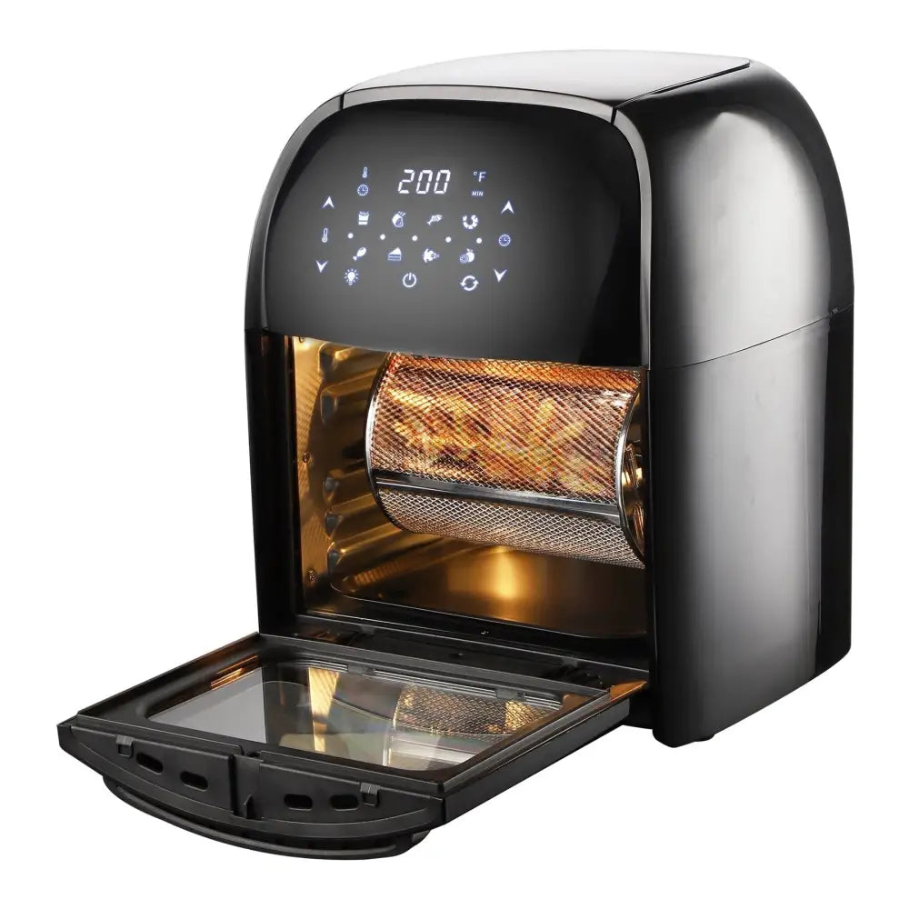 Black air fryer oven with rotating basket from the National 3-In-1 12 Qt Air Fryer Rotisserie Oven Dehydrator