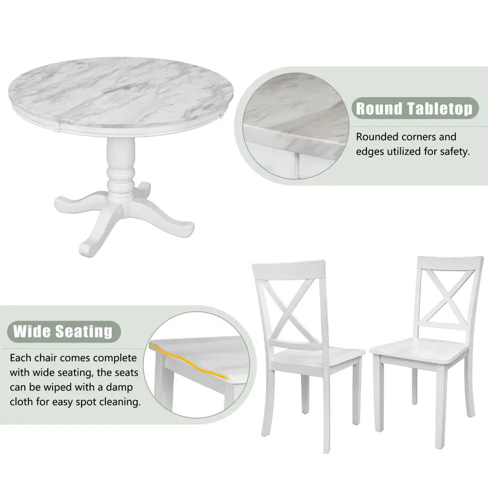 White round solid wood dining table with two matching chairs from Orisfur 5-piece package