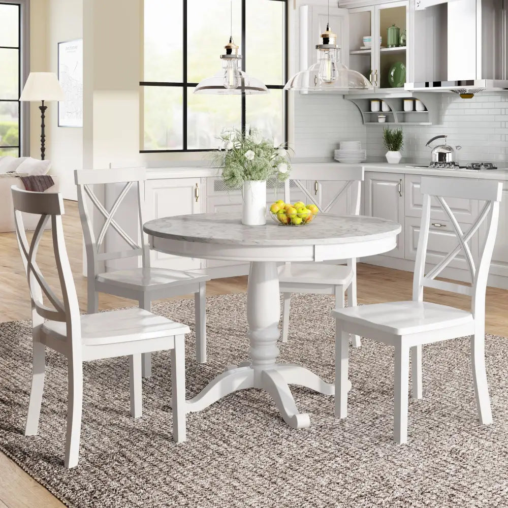 White round solid wood dining table with four chairs from Orisfur 5-piece package