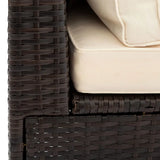 Wicker patio sectional sofa set with beige cushions and glass table for outdoor living