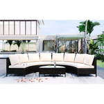 Curved wicker patio sectional sofa set with glass table for stylish outdoor seating