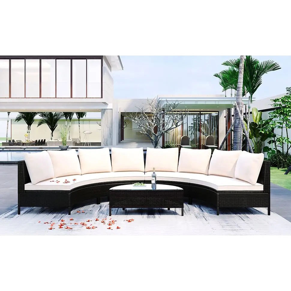 Curved wicker patio sectional sofa set with glass table for stylish outdoor seating