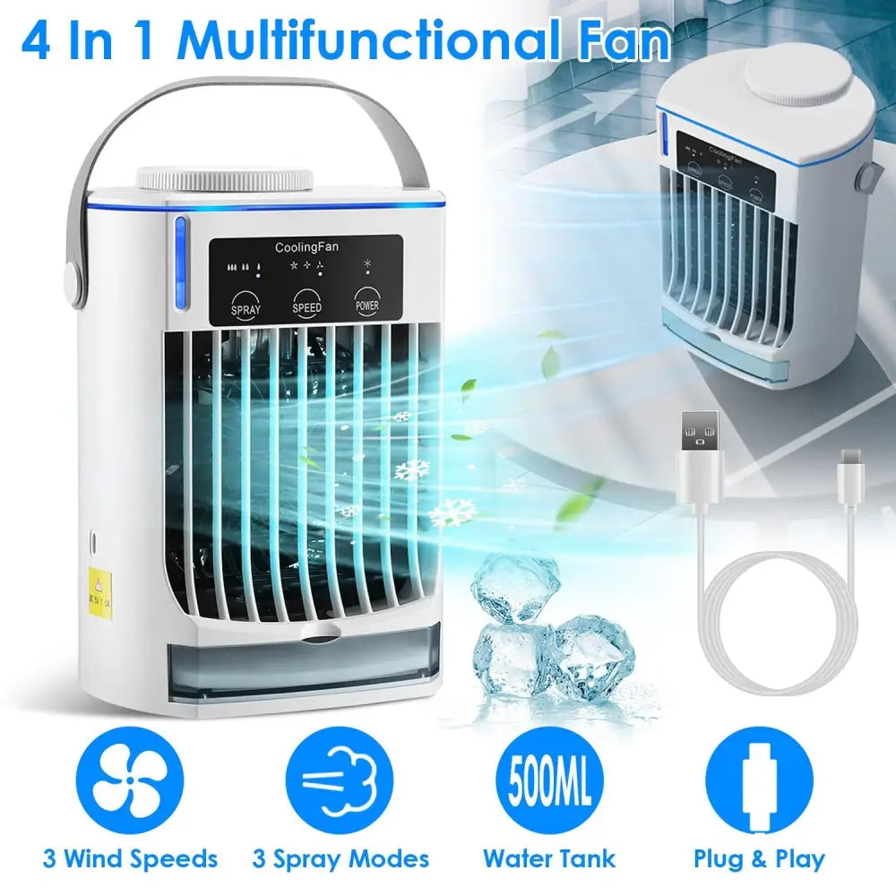 White portable air conditioner fan with handle, ideal for personal cooling and humidifying