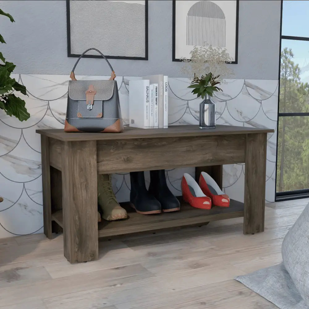 Dark brown Wooden entryway storage table with shoe storage and 1-year warranty coverage