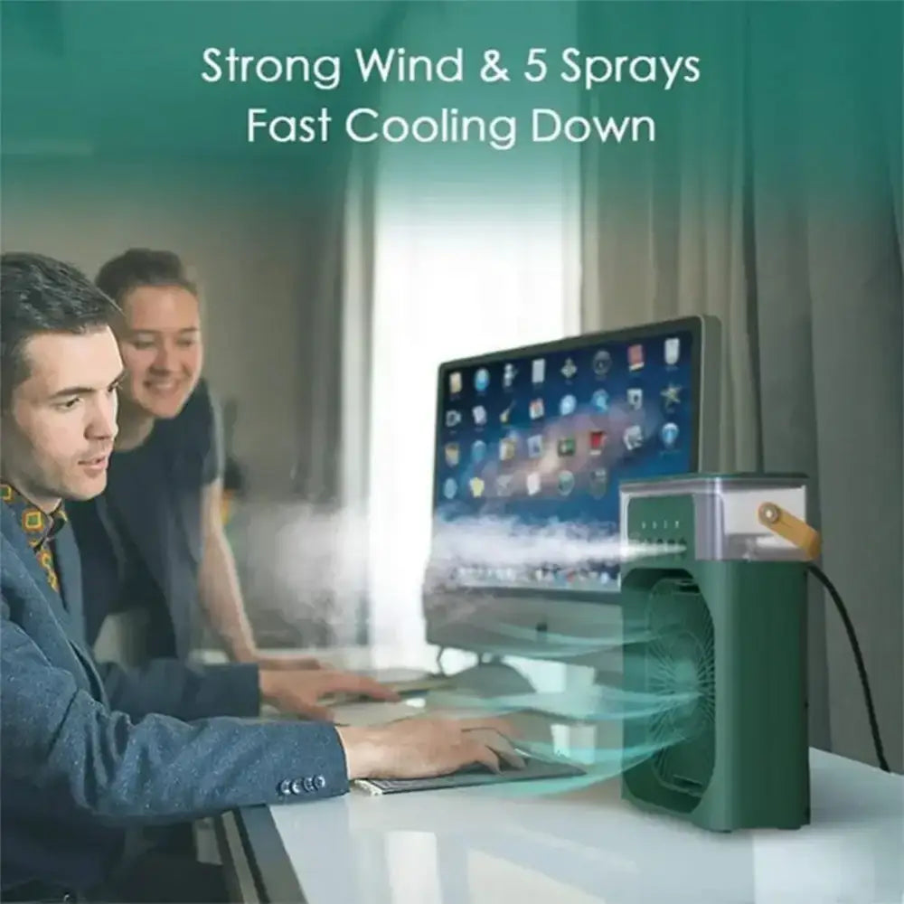 Green portable air conditioner fan for effective cooling and staying cool during summer