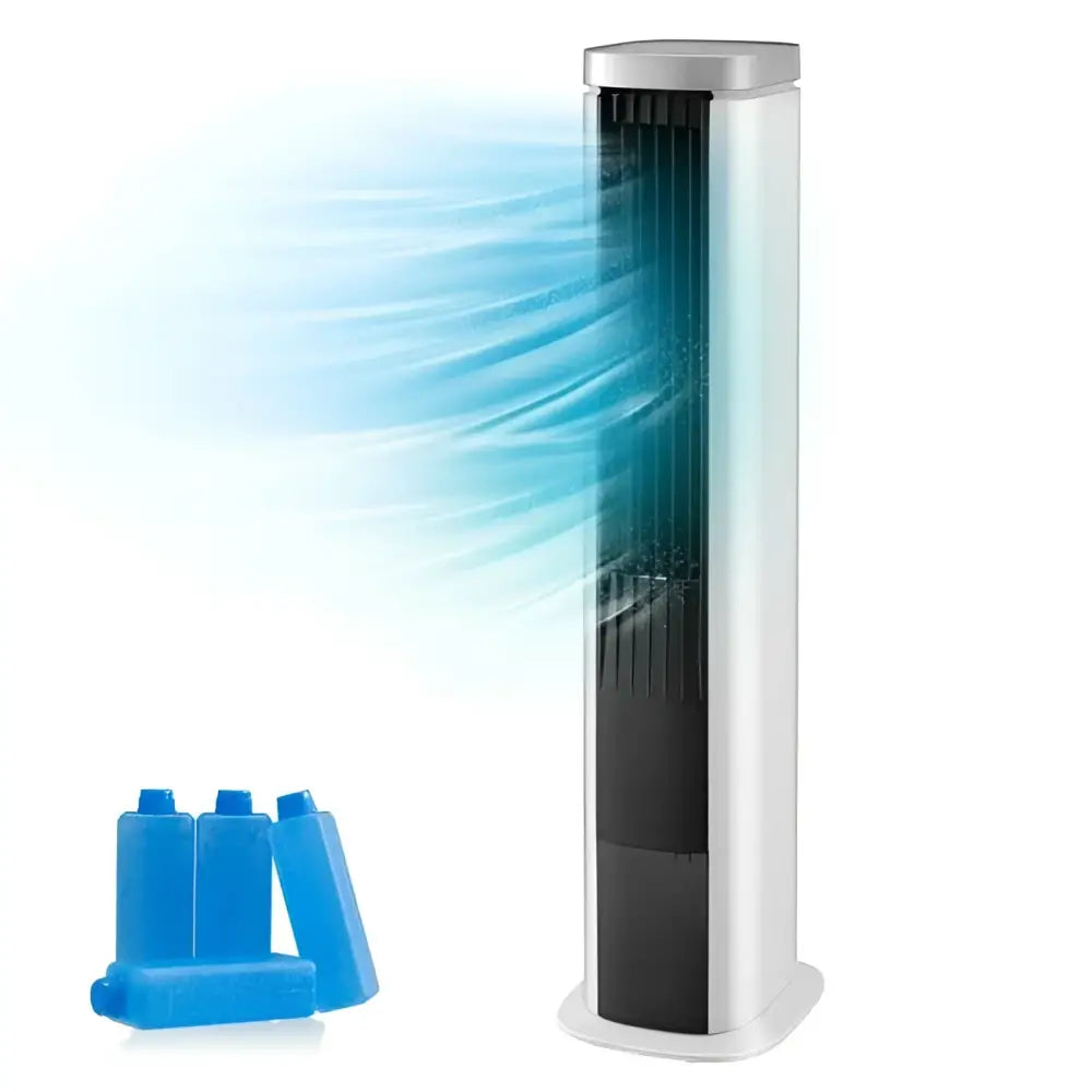 White tower fan with blue ice packs for efficient evaporative air cooler performance