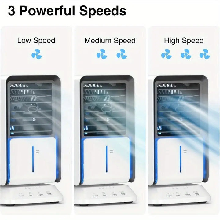 Portable Air Cooler Mini Air Conditioner with three speed settings, ideal as a portable air conditioner or cooler