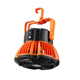 Orange and black portable camping fan with power bank and hanging hook for outdoor use