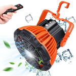 Orange and black portable camping fan with remote control and integrated power bank